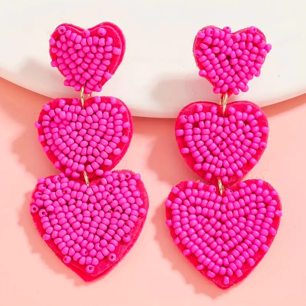 Valentines Hot Pink Triple Heart Seed Bead Dangle Earrings- Super Cute!